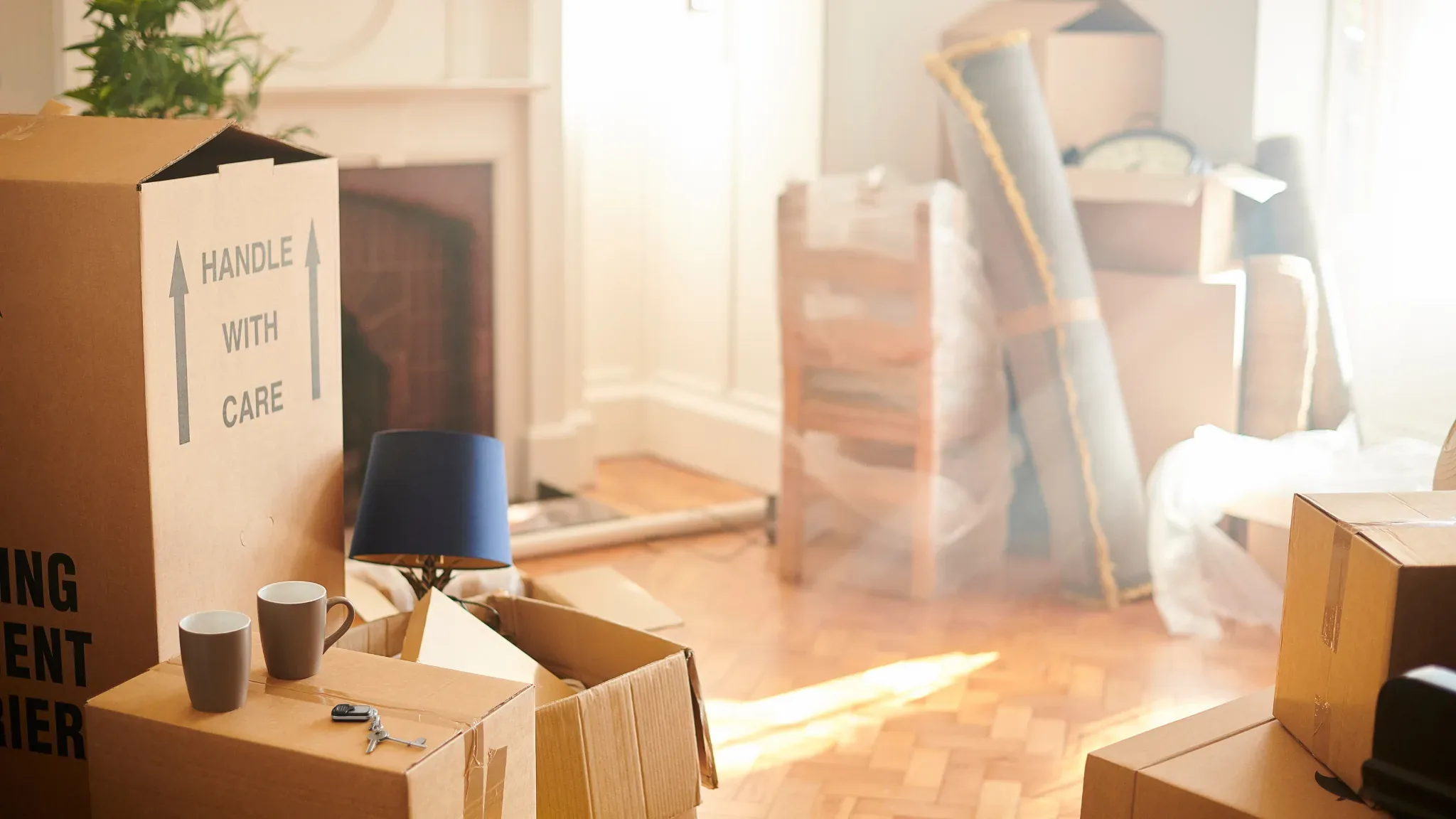A bright, empty room mid-move is filled with packed cardboard boxes of varying sizes stacked around a white multi-drawer dres